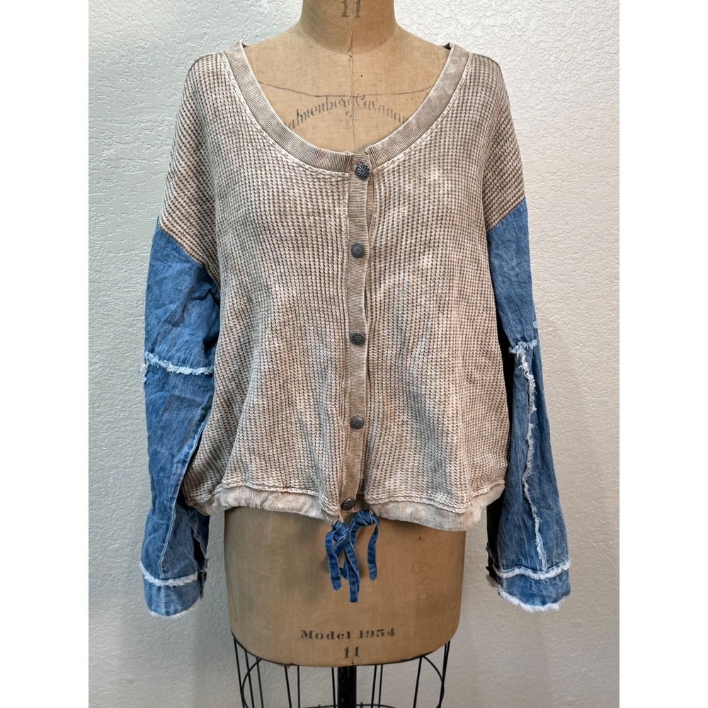 A Rare Bird Handmade Waffle Knit Denim Sleeve Jacket One Size Tan Blue Boho